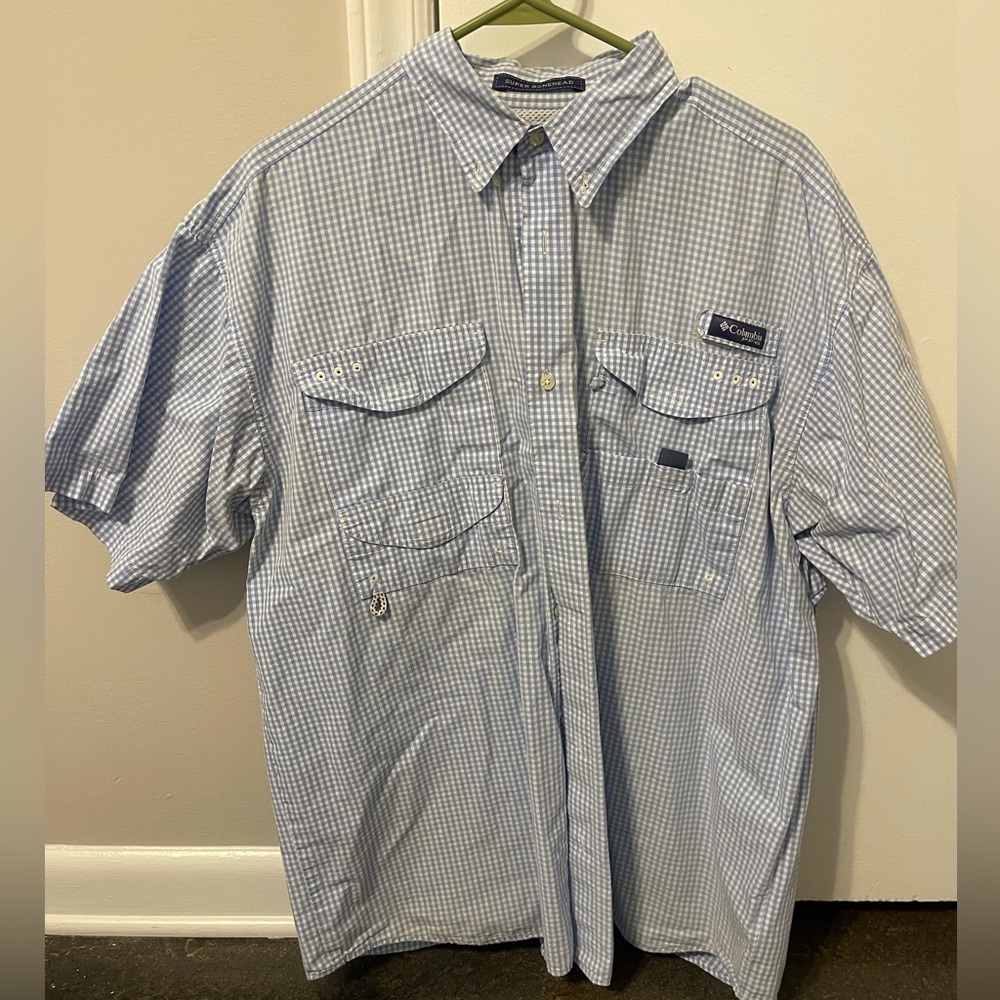 Columbia Super Bonehead Men’s XL Short Sleeve Fishing Shirt - Blue Gingham